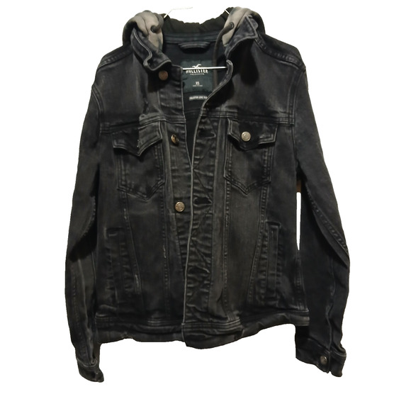Hollister Jacket Women XS X-Small Black Denim Button Down Flex Hoodie Biker Camo - Picture 1 of 9